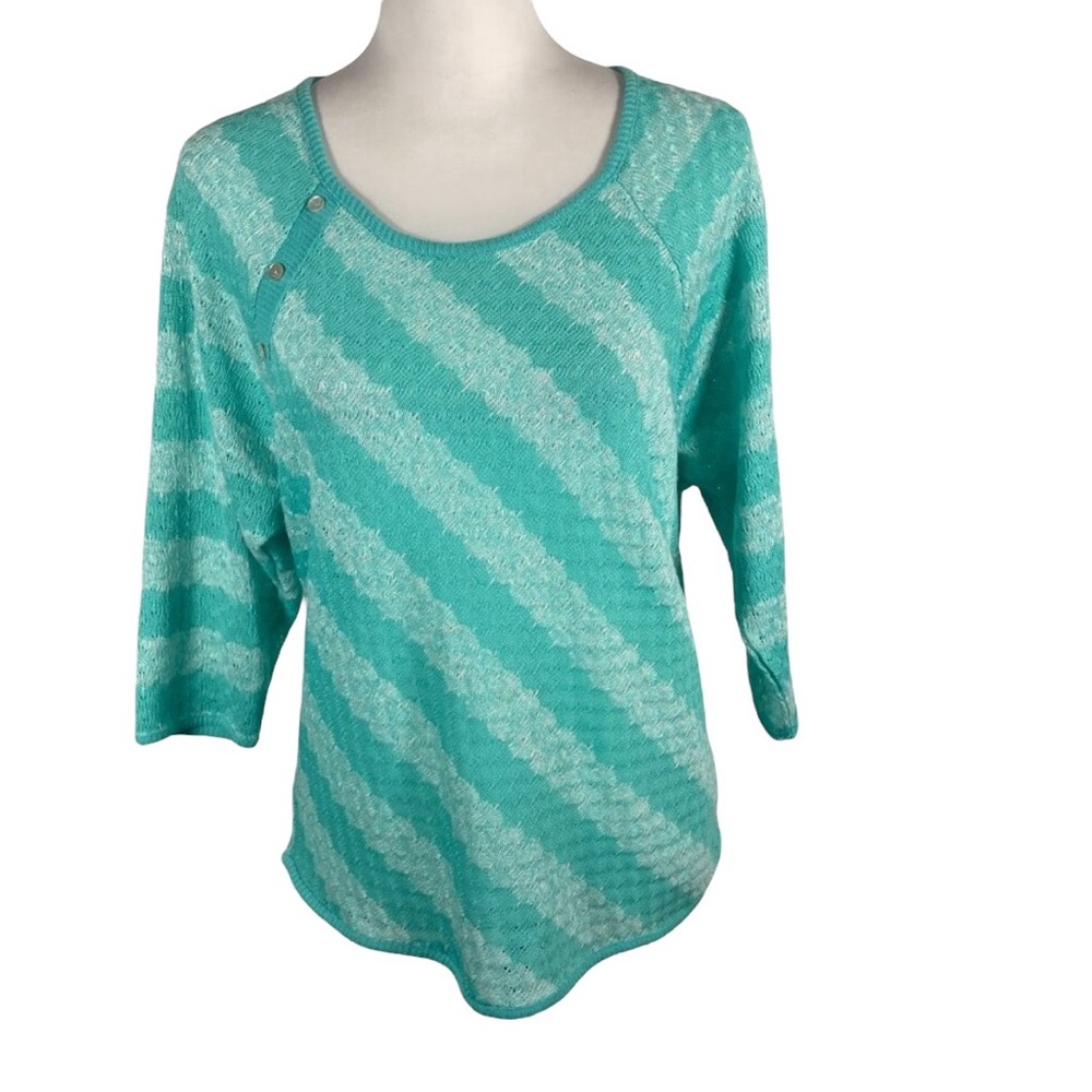 Femme Green White Stripes Round Neck Open Knit 3/4 Sleeve Pullover Sweater M